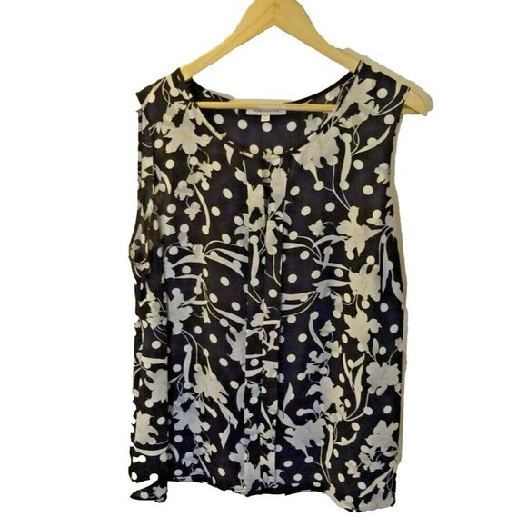 Pre-Loved Rose + Olive 2X Black and White Sleeveless Sheer Floral Blouse - Picture 1 of 6